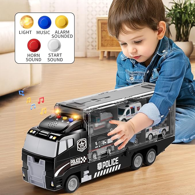 Toddler Boys Toys for 3 4 5 6 Years Old, Police Truck Vehicle Toy Set with Play Mat and Die-Cast Toy Car, Transport Carrier Truck for Kids, Birthday Gifts Toys for 3 4 5 6 7 8+ Year Old Boys