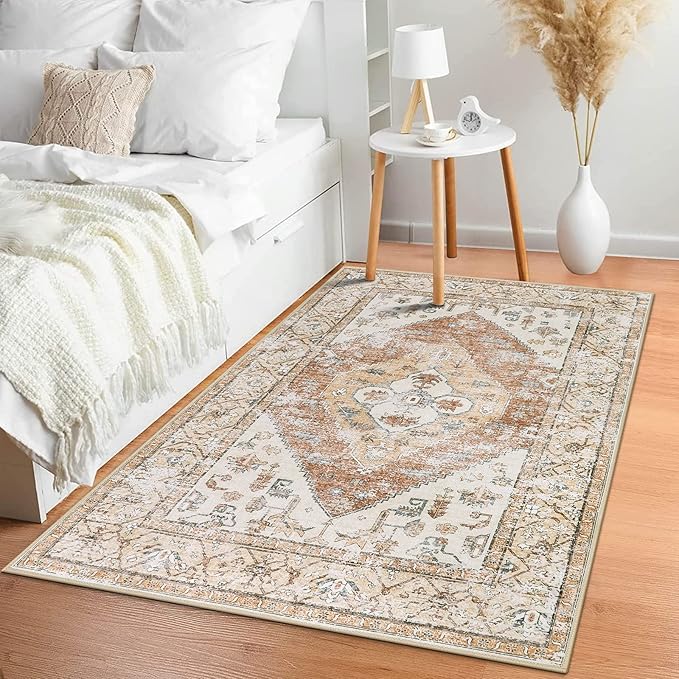 Lahome Boho Washable Living Room Area Rug 3x5 Throw Non-Slip Rugs for Bedroom Aesthetic Lightweight Thin Entry Rug Kitchen Rugs Oriental Distressed Print Capet for Office Bathroom Laundry Room