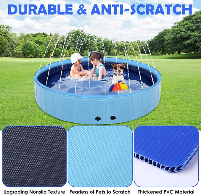 87" Large Dog Pool with Sprinkler, 2-in-1 Foldable Swimming Pool Non-Slip Hard Plastic Splash Sprinkler Kiddie Pool for Outdoor Backyard Kids Dogs Ducks and Pet Baths