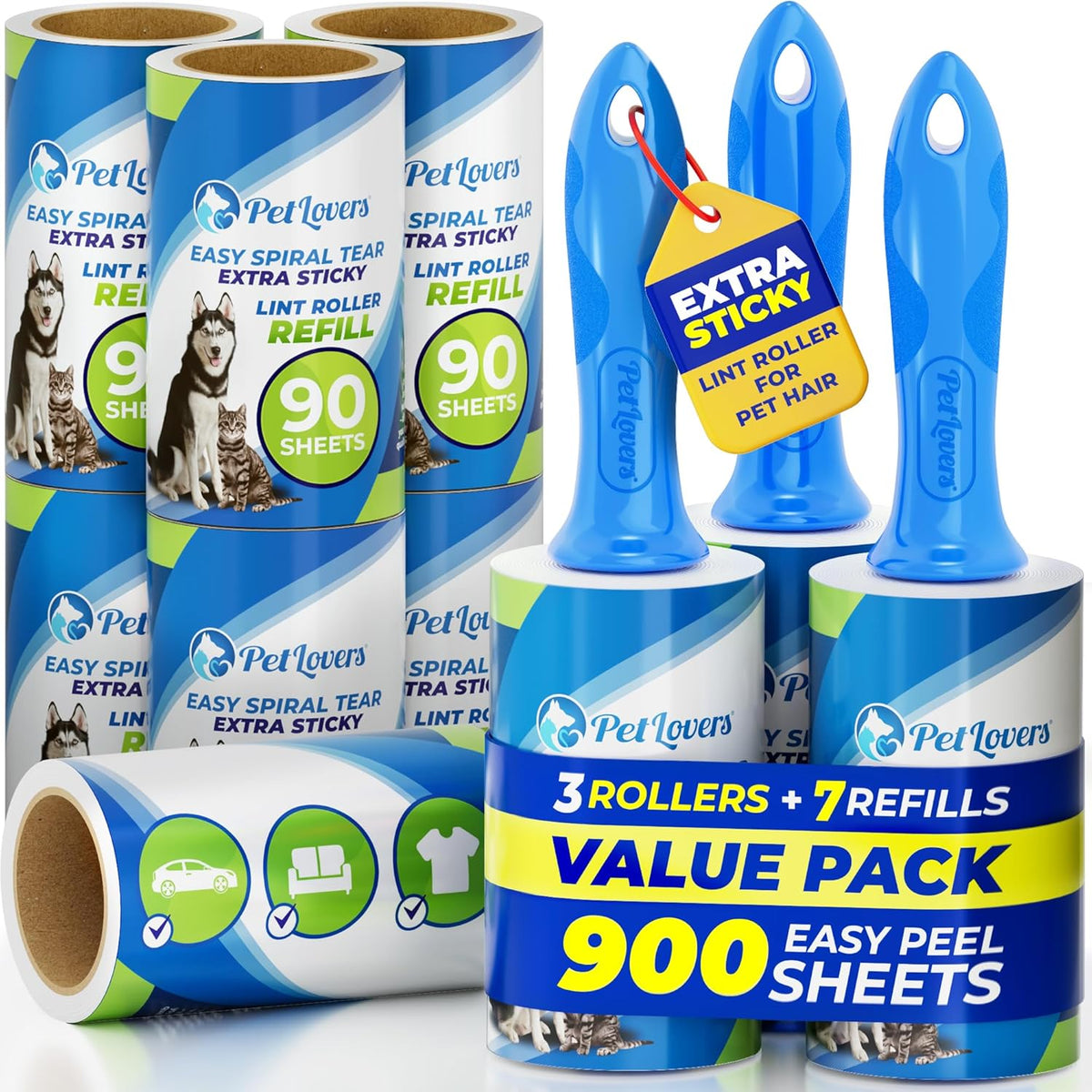 PetLovers Extra Sticky Lint Roller Mega Value Set 900 Sheets for Pet Hair Removal and Clothes, Dog and Cat Lint Remover, 10 Pack