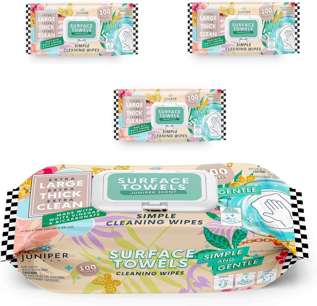 3 Packs Surface Cleaning Wipes Bleach Free, Thick & Large Dispose, All-Purpose Cleaner for Bathroom, Kitchen, Office, 300 Count Soft Flow, Biodegradable, Juniper Scent