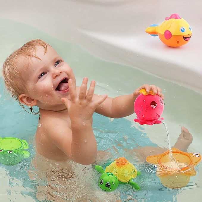 iPlay, iLearn Baby Bath Toys w/ Organizer, Water Squirting Octopus, Wind Up Swimming Turtle, Bathtub & Shower, Stacking Cups, Gift for 6, 9, 12, 18 Months 1, 2, 3 Years, Toddlers, Girls, Boys & Kids