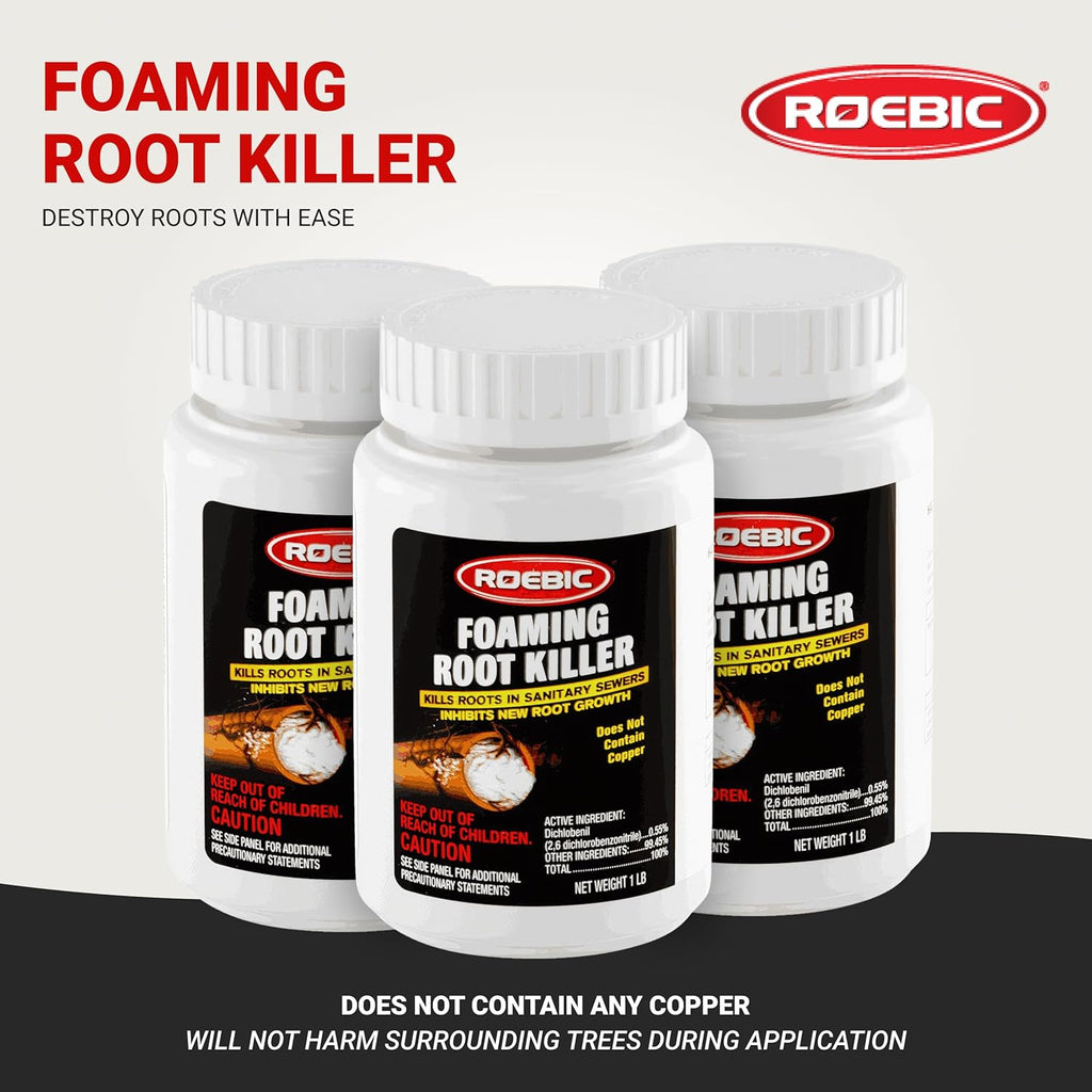Roebic FRK Foaming Tree Root Killer, Chemical Septic System, Drain Field and Sewer Line Pipe Clog Remover and Root Destroyer, Safe for Bathroom Toilet, White Granules, 1 lb (Pack of 3)