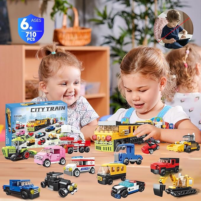 16 Pack Building Blocks Party Favors for Kids, 2 in 1 710pcs Creative Building Kits Mini City Vehicles include Police Car & Train, Christmas Toy Gifts Goodie Bag Fillers Stuffers for Boys Girls Kids
