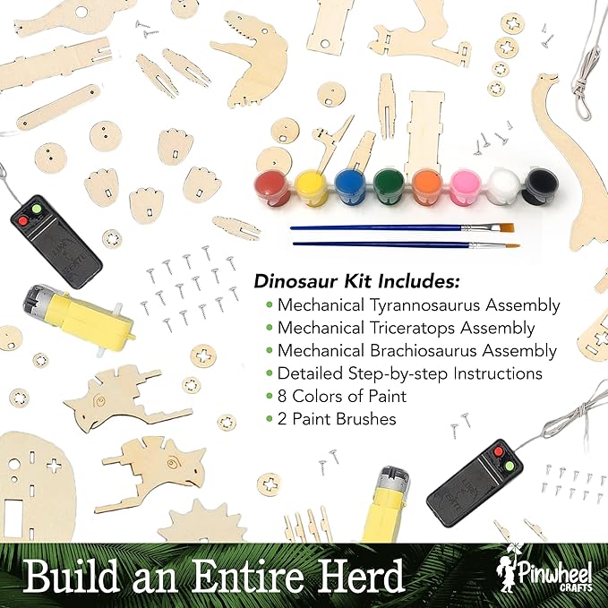 Pinwheel Crafts Robotic Dinosaur Arts & Crafts Science Kit for Kids Ages 6-12 – Wooden Dinosaur Toys with Paints – Ideal Gift for 6-Year-Old Boys