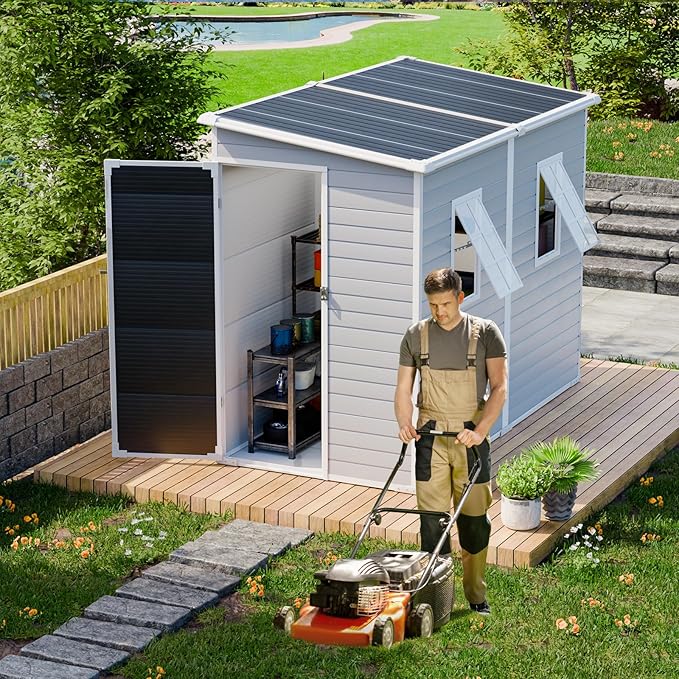 8x4 FT Resin Storage Sheds with Floor and Adjustable Openable Windows, Large Waterproof Garden Sheds with Base, Outside Plastic Sheds with 2 Windows for Backyard Garden Patio Lawn Tools Storage, Gray