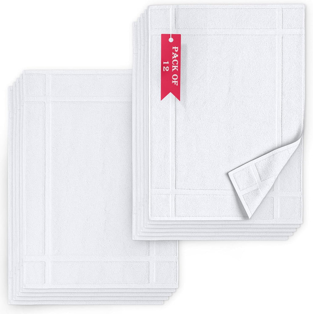Pearl Linens Pack of 12 100% Cotton Bath Mat 20x30 inches, Soft & Absorbent Quick Dry Bathroom Mat Set, Not Bathroom Rugs, After Shower Mat, Bath Tub Mat, 687 GSM, Machine Washable, White