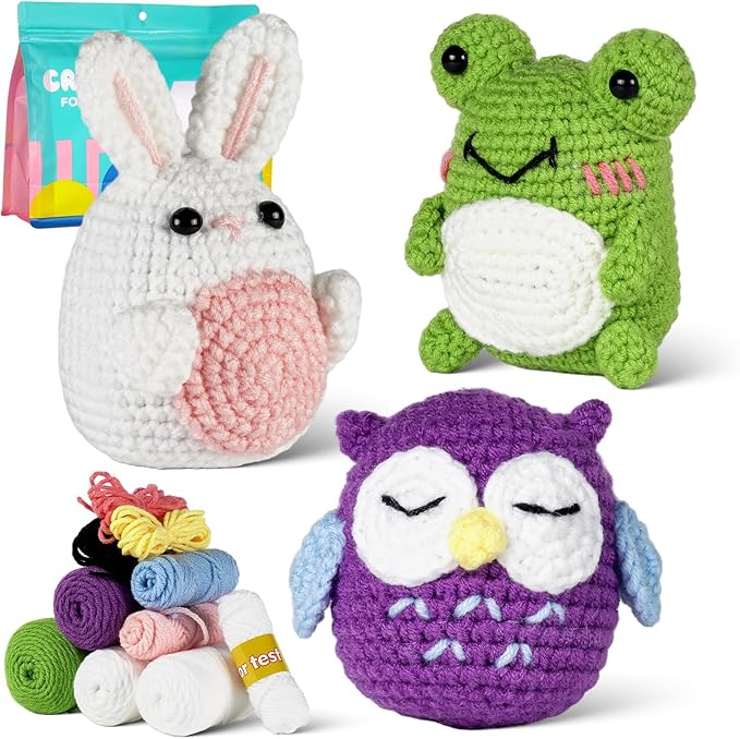 RoseFlower Crochet Kit for Beginners, Easy Crochets Starter Kits with Step-by-Step Video Tutorials, DIY Craft Knitting Crochet Animals Set for Kids Adult - 3 Pack Frog Owl Rabbit