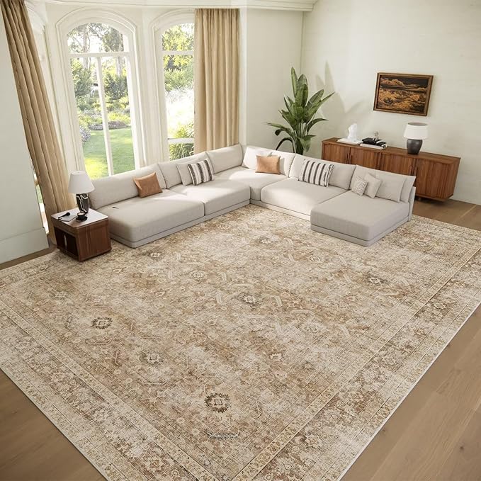 Washable 10x14 Area Rugs for Living Room, Boho Non-Slip Silicone Backing Rugs for Bedroom Dining Room Office, 0.3" Neutral Oriental Throw Carpet with 0.16" Cushioning Pad, Brown/Multi