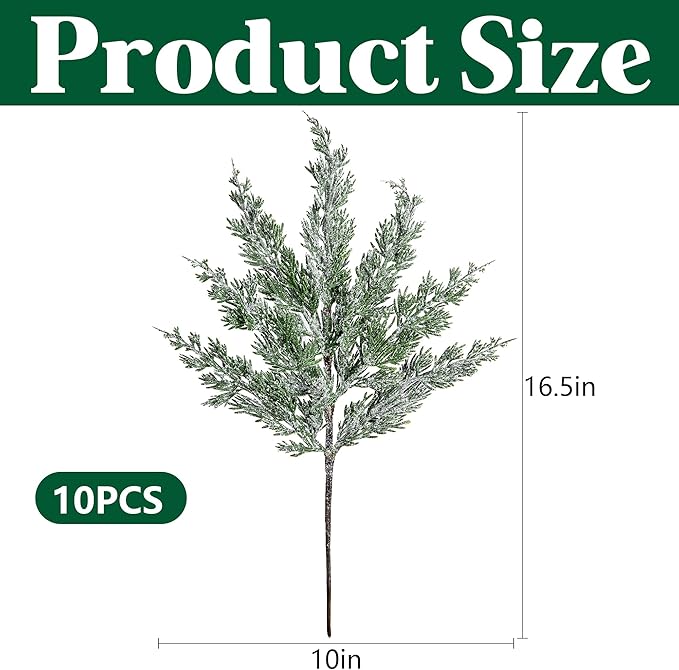 10 Packs 16.5" Artificial Christmas Snow Pine Branches, Snow Flocked Faux Greenery Norfolk Pine Sprigs Cypress Stems, White Frosted Fake Foliage Pine Needle Picks for DIY Craft Garland Home Decor