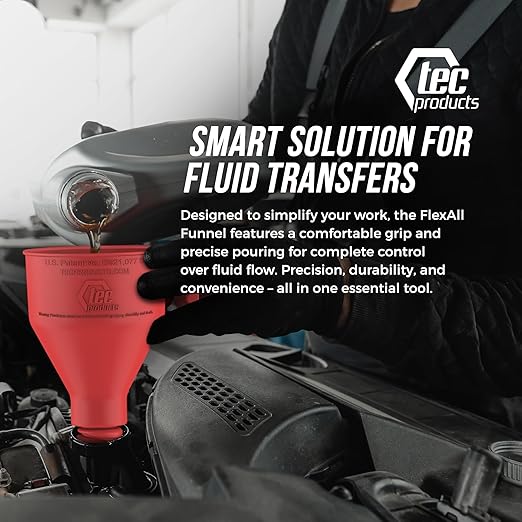 TEC Products FlexAll Long Flexible Funnels - Automotive Oil Funnel with Hose, Durable Nitrile Rubber for Oil Change, Transmission Funnel Fluid, Diesel, Fuel, Gas - Made in USA - Red (12 x 4 Inches)