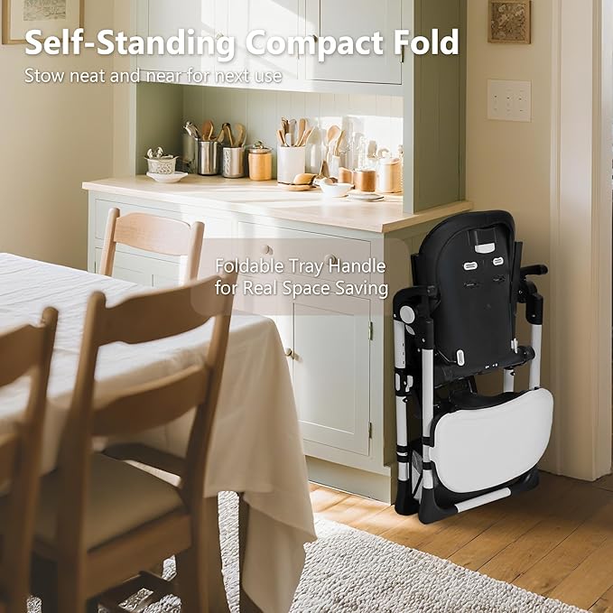 Kinder King Convertible Baby High Chair, Adjustable Feeding Chair for Babies and Toddlers with Removable Double Tray, Simple Compact Fold for Space-Saving, 2 Built-in Wheels, Easy to Clean, Black