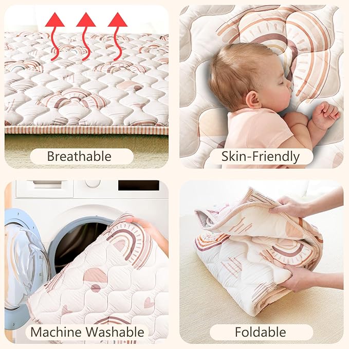Baby Play Mat, 50x50 Playpen Mat with Super Soft Touch, Activity Mat with Upgraded Anti-Slip Bottom, Machine Washable Crawling Mat for Floor & Picnic(Boho Rainbow)