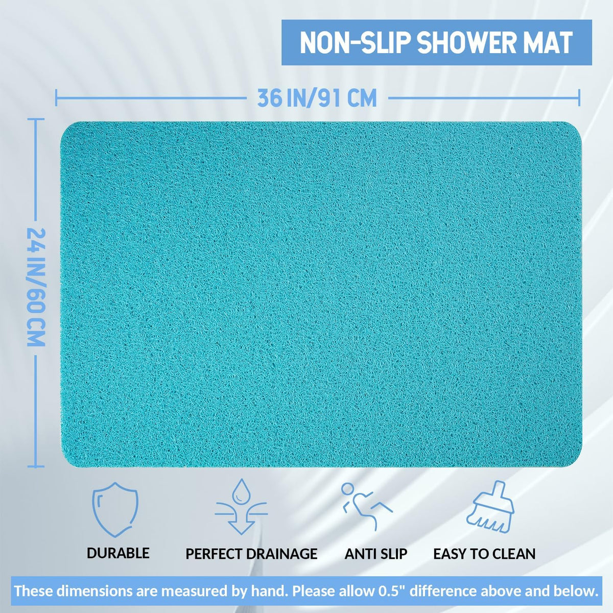 Non-Slip Bathtub Mat, Anti Slip Shower Mat, Fast Drying Bathtub Mats, Foot Scrubber Mat, Anti Slip Mat for Tub, Floor, Bathroom, Kitchen, Home, Hotel (Turquoise Blue 36"×24")