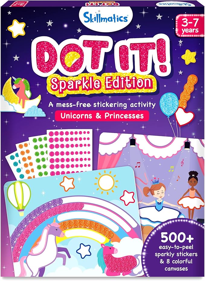 Skillmatics Dot It Art - Unicorns & Princesses, 500+ Sparkly Stickers, Mess-Free Fun for Kids, Stocking Stuffers, DIY Scrapbooking Craft Kits, Travel Toys, Christmas Gifts for Ages 3, 4, 5, 6, 7