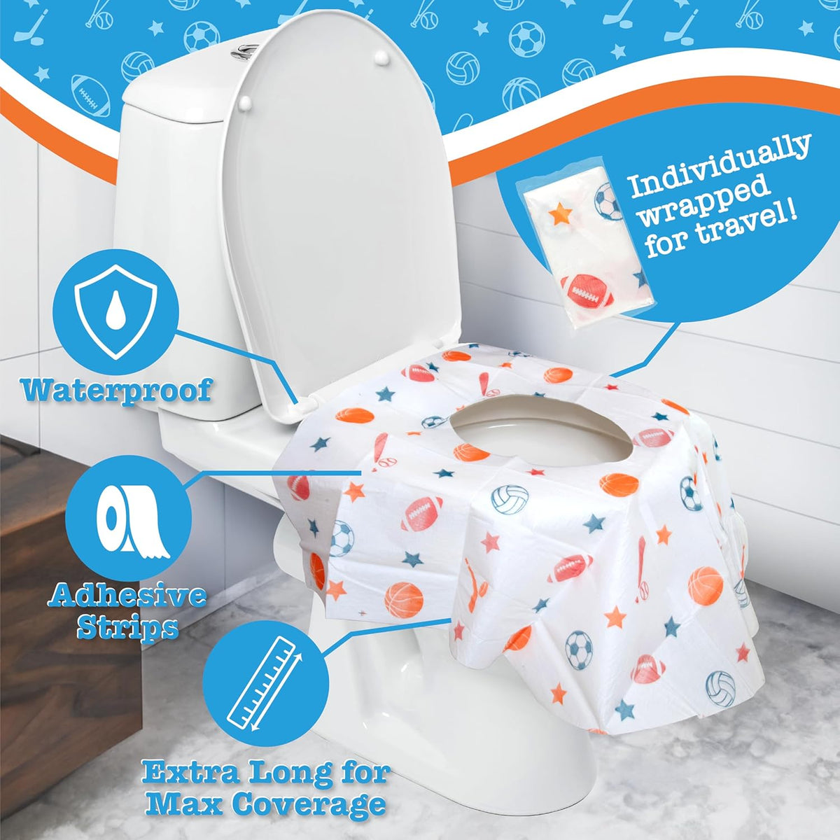 Toilet Seat Covers Disposable (20 Pack, Sports) - XL Waterproof Toilet Cover for Toddlers, Kids & Adults - Portable & Individually Wrapped for Travel, Potty Training & Public Restrooms