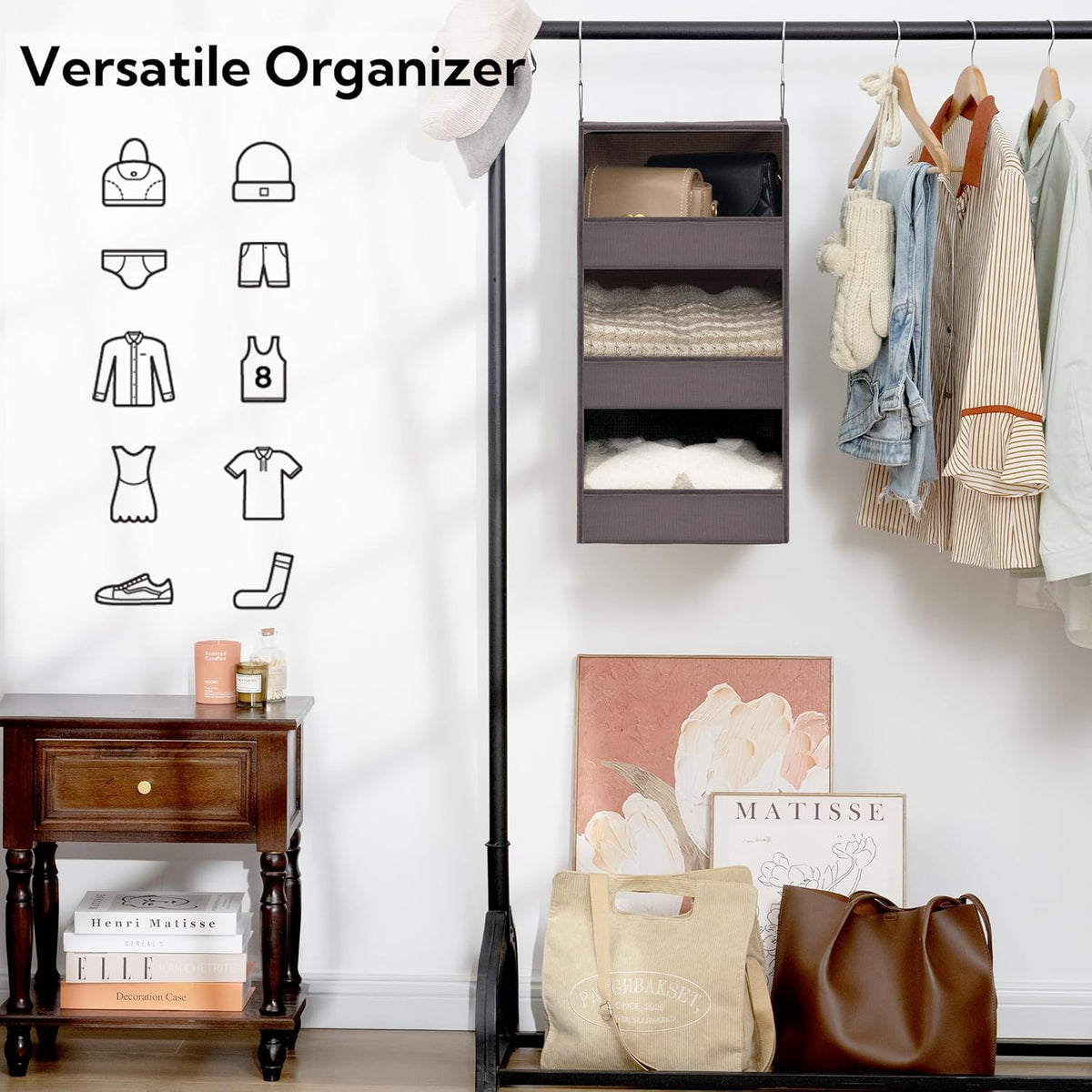 GRANNY SAYS 3 Shelf Hanging Closet Organizers and Storage, Collapsible Closet Storage Organizer with 2 Metal Hooks, Leak-Proof Hanging Shelves for Baby Clothes, Sweaters, 2 Pack, Dark Brown