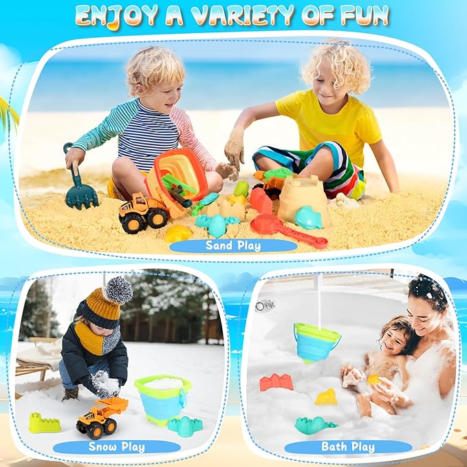 Beach Sand Toys for Kids, 29PCS Sandbox Toys with 2 Collapsible Bucket Sand, 2 Dump Truck, Dinosaur Molds, Castle Building Kit, Shovel Sieve,Flags,Mesh Bag Travel Beach Toys for Toddler 3-10