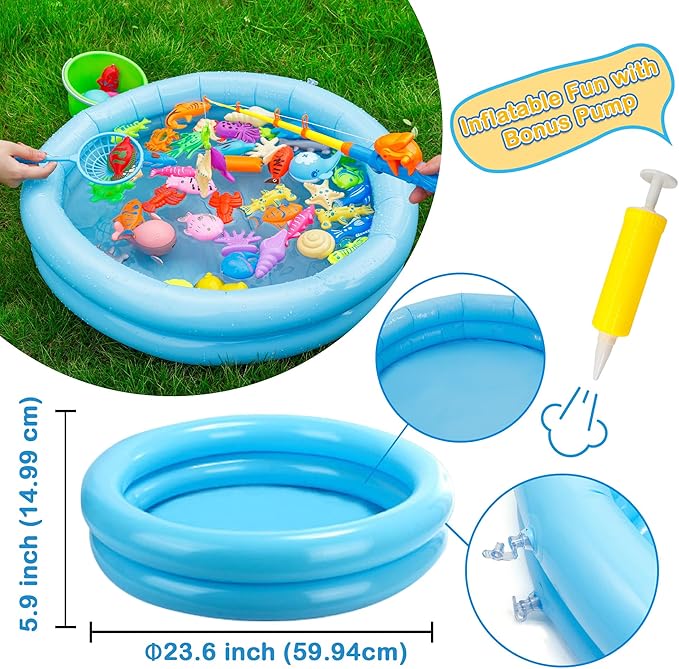 Kiditos 60PCS Magnetic Fishing Bath Game Set, Swimming Fish for Bathtub, Water Table Toys for Toddlers Kids Age 3-6, Pool Toys for Pretend Play, Education Teaching & Learning Colors