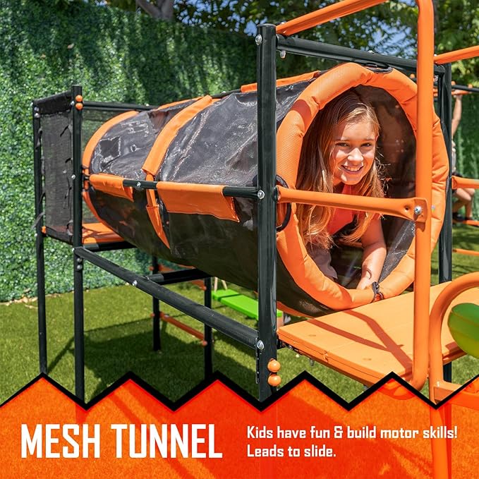 Jungle Warrior Big Cat Metal Swing Set: Adjustable Swings, 5ft Wavy Slide, Mesh Tunnel, Flying Saucer, Monkey Bars - Orange, Green and Grey - Exceeds ASTM Safety Standards
