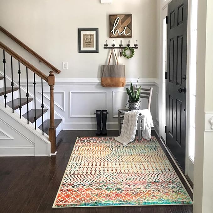 Moroccan 3x5 Rug,Ultra Soft Area Rugs for Living Room Non-Slip, Low-Pile Retro Distressed Colorful Nursery Rug for Kitchen Entryway Bedroom Living Room Office Carpet