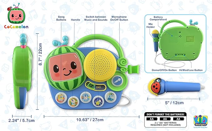 eKids Cocomelon Toy Singalong Boombox with Microphone and Built-in Music, Toddler Toys for Fans of Cocomelon Gifts