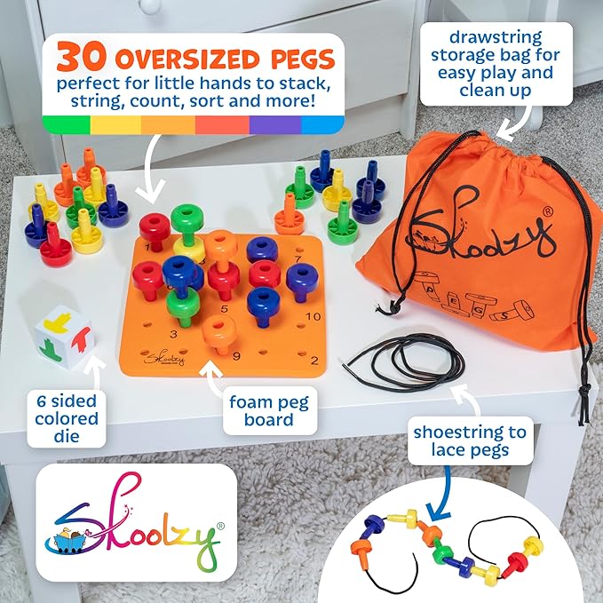 Skoolzy Rainbow Lacing Beads & Pegs - 71 Piece Color Recognition and Sorting Toys Montessori Sensory Bundle for Toddlers Over 36+ Months & Hands On Occupational Therapy Fine Motor Skills Games