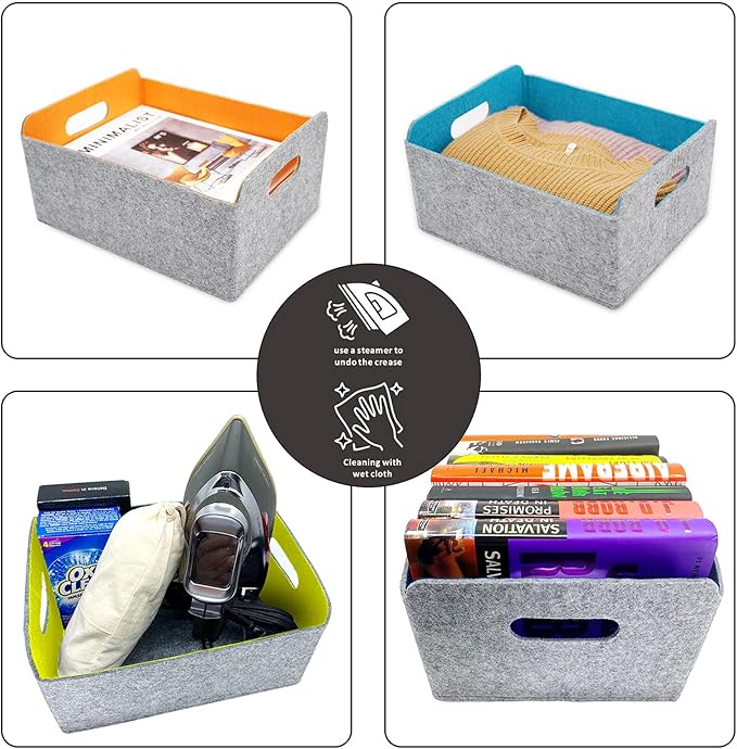 Welaxy Storage Baskets Collapsible Felt Storage bin Foldable Shelf Drawers Organizers for Kids Toys pet Toy magazine Books Clothes Closet Cabinet decluttering (Oatmeal x 3)