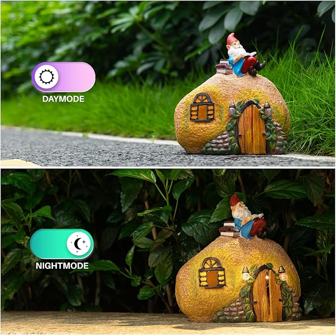 mopha Garden House Statues, Funny Gnome Fairy Garden Lights Figurine,Resin Solar Powered Outdoor Decor Patio Yard Lawn Ornament Decoration