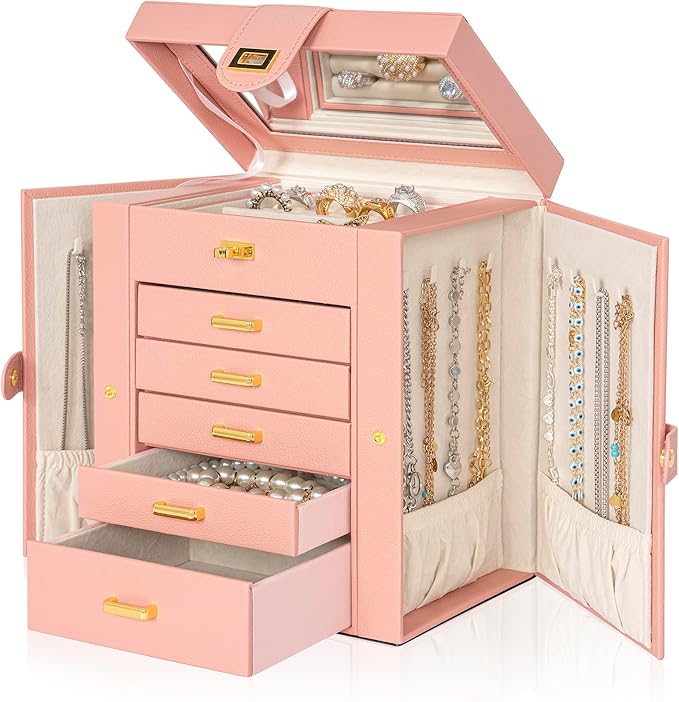 AKOZLIN Jewelry Box Organizer Functional Leather Jewelry Storage Case for Women Girls Ring Necklace Earring Bracelet Holder Organizer with Mirror Pink