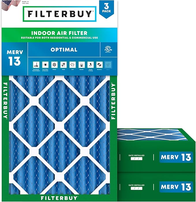 Filterbuy 12x24x4 Air Filter MERV 13 Optimal Smoke & Allergy Defense (3-Pack), Electrostatic Pleated HVAC AC Furnace Filters Replacement, Made in USA (Actual Size: 11.50 x 23.38 x 3.63)