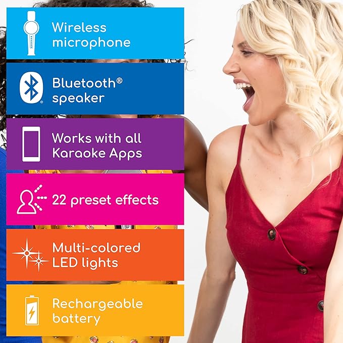 Move Mic by Singing Machine – Bluetooth Karaoke Microphone & Speaker with LED Lights, 22 Voice FX & Rechargeable Battery – Portable Mic for Dorm Parties, Family Fun, Kids, and Teens
