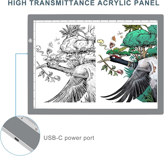 LitEnergy A3 LED Copy Board Light Tracing Box, Ultra-Thin Adjustable USB Power Artcraft LED Trace Light Pad for Tattoo Drawing, Streaming, Sketching, Animation, Stenciling (Silver)