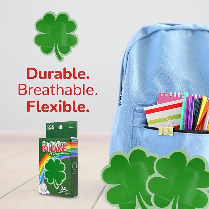 BioSwiss Bandages, 4 Leaf Clover Shaped Self Adhesive Bandage, Latex Free Wound Care, Fun First Aid Kit Supplies for Kids and Adults, 24 Count