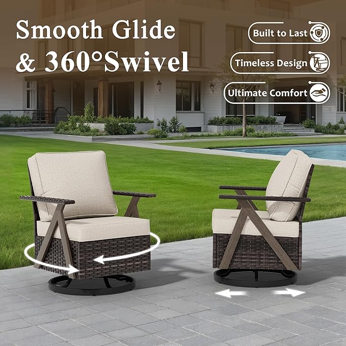 7 Pieces Patio Furniture Set,Outdoor Sofa & High Back Swivel Rocker Patio Chairs, Wicker Conversation Set with Ottoman for Deck Yard and Poolside