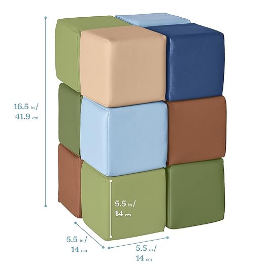 ECR4Kids SoftZone Patchwork Toddler Building Blocks, Foam Cubes, Earthtone, 12-Piece