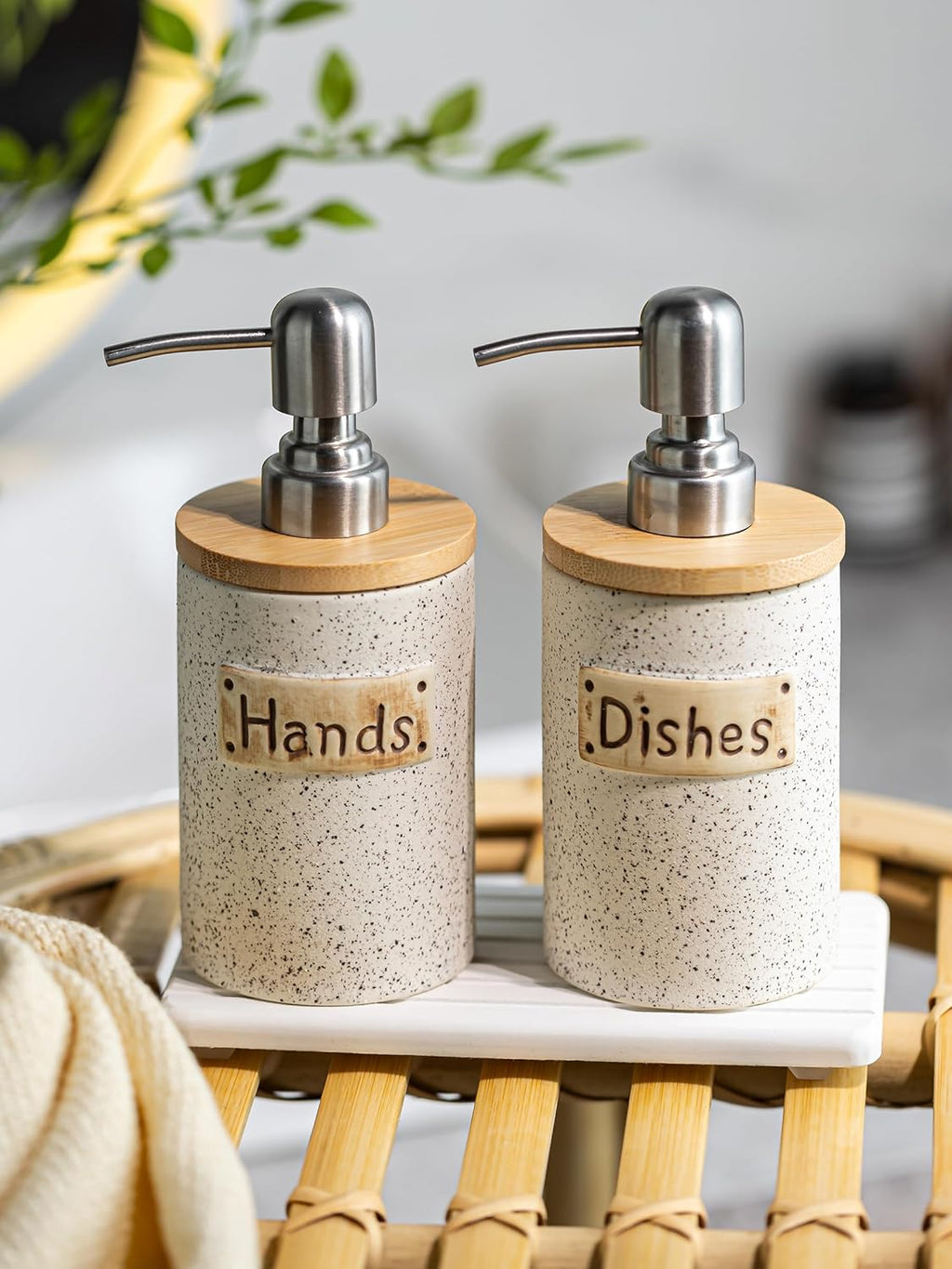 Kitchen Soap Dispenser Set, Ceramic Hand and Dish Soap Dispenser Set with Tray Collapsible Funnel, Hand Soap and Lotion Dispenser for Bathroom, White Bathroom Accessories