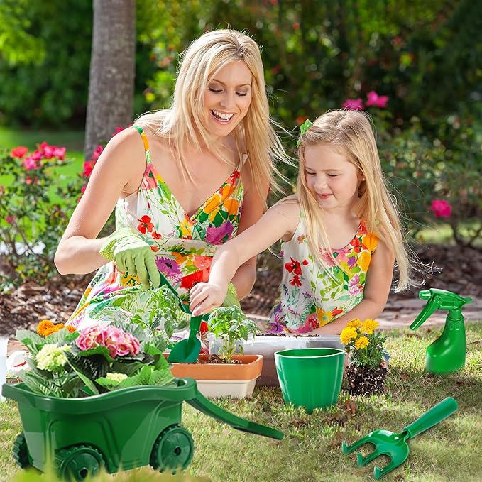 Duckura Kids Gardening Tools Set - 10pcs Wheelbarrow Set for Kids with Shovel, Rake, Leaf Rake, Summer Outdoor Yard Digging Weed Toys, Halloween Birthday Gifts for Boys Girls Age 2 3+ Years Old(Green)