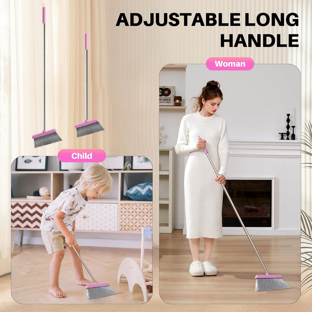 JOYMOOP Pink Broom and Dustpan Set, Upright Angle with Built-in Comb Teeth for Kitchen, Lobby, Pet Hair and Hard Floors