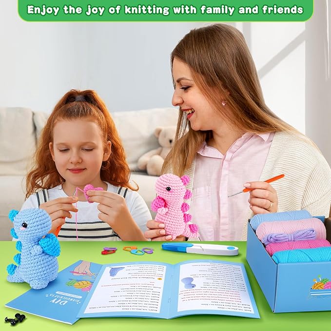 Heart Dinosaurs Crochet Kit for Beginners - 2PCS Blue and Pink Dinosaurs Crochet Kit with Step-by-Step Video Tutorials, Dinosaur Crochet Starter Kit for Adult Kid, Crochet Stuffed Animal Knitting Kit