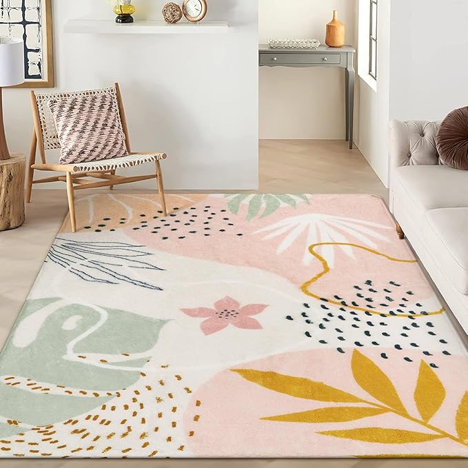 Lahome Pink Washable Rugs 8x10 - Non-Slip Backing Large Living Room Carpet Low Pile Throw Boho Area Rugs for Bedroom, Botanical Print Ultra-Thin Indoor Rug for Classroom Nursery Dining Room Home