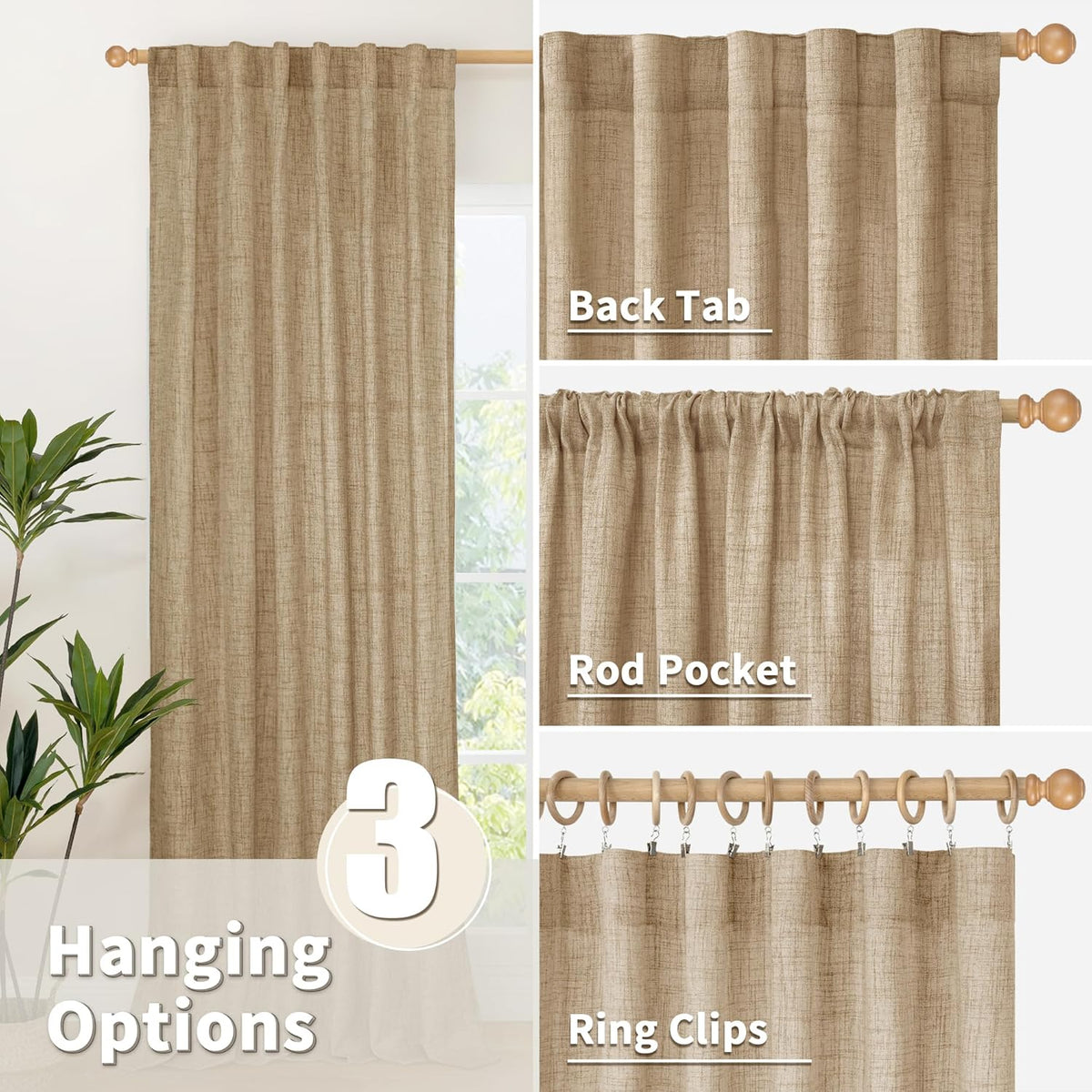YoungsTex Burlap Linen Curtains 63 Inch Length for Living Room Window, Textured Semi Sheer Drapes Light Filtering with Rod Pocket Back Tab for Farmhouse Bedroom, Toffee, 52 X 63 Inch, 2 Panels