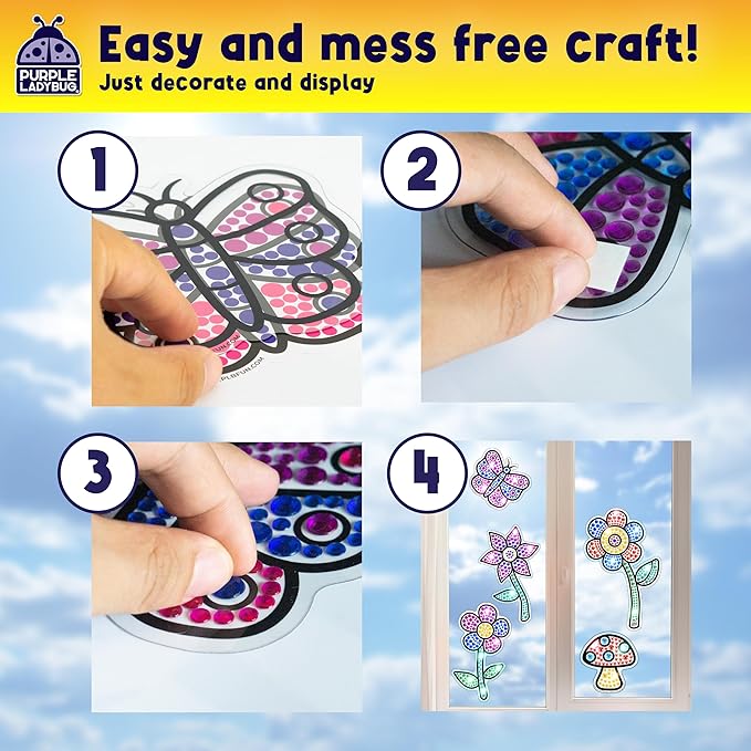 PURPLE LADYBUG SUNGEMMERS Suncatcher Gem Art for Kids - Fun Summer Activity for Ages 6-12, Birthday Gift for Girls 6-8, 8-12, Arts & Crafts Activities, Window Diamond Art Kit