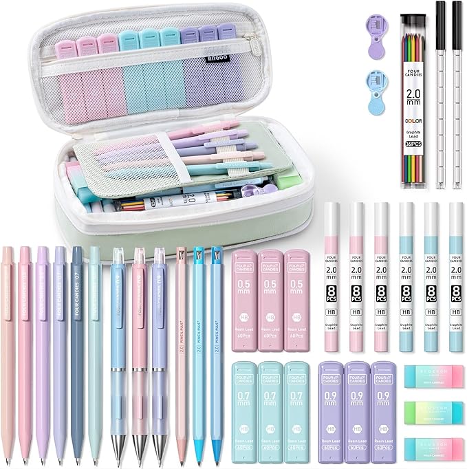 Four Candies 36PCS Aesthetic School Supplies, Mechanical Pencil Set 0.5mm, 0.7mm, 0.9mm & 2.0mm with 624 Lead Refills, Back to School Supplies for Writing & Drawing, Ideal Stationary Set Gift (Green)