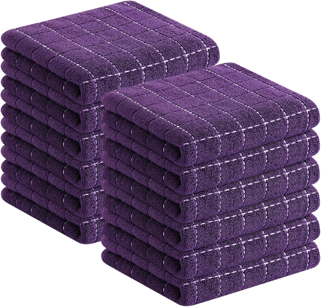 Homaxy 100% Cotton Terry Kitchen Towels(Purple, 13 x 28 inches), Checkered Designed, Soft and Super Absorbent Dish Towels, 12 Pack