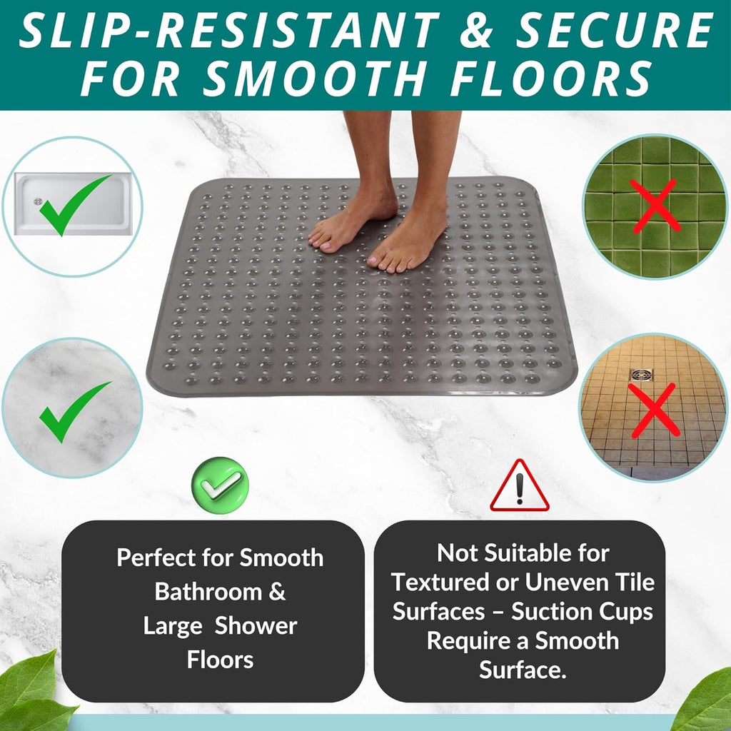 ENKOSI Extra Large Square Non Slip Shower Mat - 31 x 31-inch XL Bathroom Shower Mat - Square Shower Matts for Shower Stall Floors | Secure Suction Cups and Drain Holes (31x31 Clear Gray)