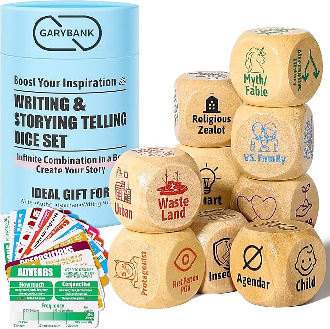 Garybank Creative Writing Prompts Dice Set - Writers Gifts, W/13 Writing Skill Cards - Story Writing/Telling Game for Kids & Adults - Set of 9 Story Cubes for Inspiration - Gifts for Teacher Christmas