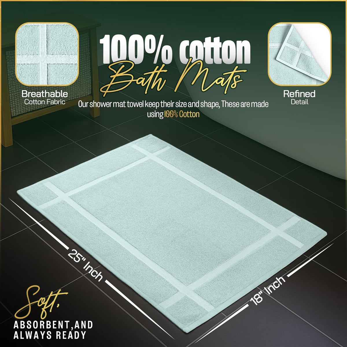 Pearl Linens Pack of 2 100% Cotton Bath Mat 18x25 inches, Soft & Absorbent Quick Dry Bathroom Mat Set, Not Bathroom Rugs, After Shower Mat, Bath Tub Mat, 687 GSM, Machine Washable, Mint Green