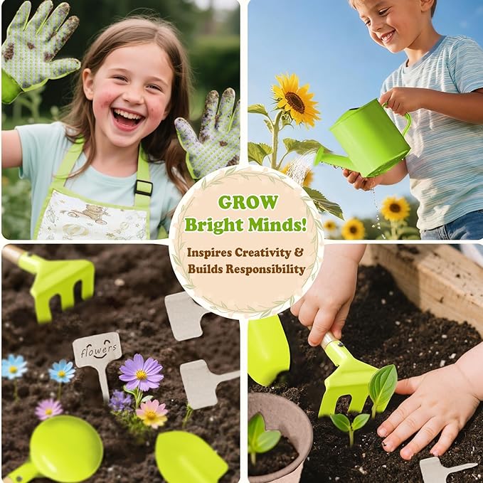 Kids Gardening Tool Set 18PCS Kids Toddler Gardening Set Includes Tote Bag Watering Can Apron Hat Rake Shovel Spoon Gloves Plant Pots and Labels, Outdoor Toys Gift for Boys Girls (Green)