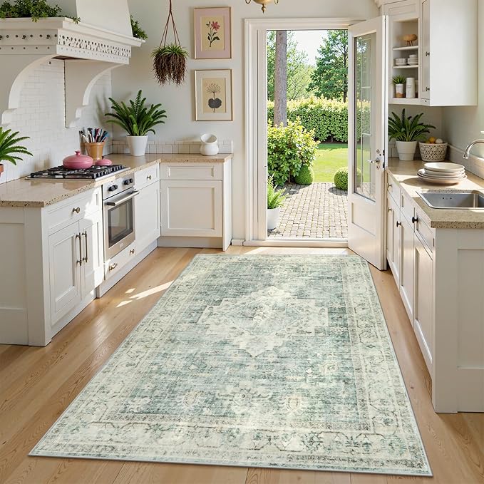 LIVEBOX Bedroom 4x6 Washable Area Rug for Entryway Kitchen, Non-Slip Soft Boho Rugs for Dining Room Office, Farmhouse Low-Pile Neutral Soft Carpet for Nursery Room Playroom, Sage Green